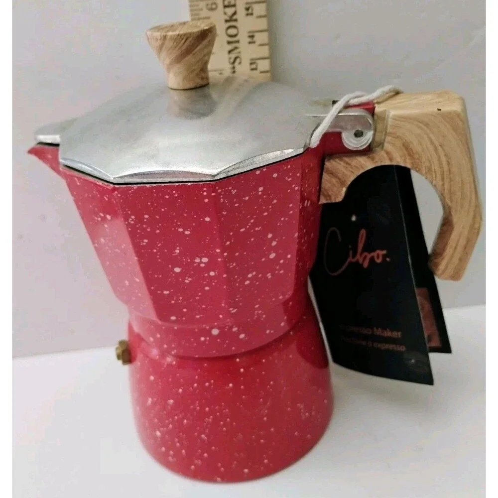 Cibo Stovetop Espresso Maker 3 Cup Red Speckled Moka Pot Wood Handle 6